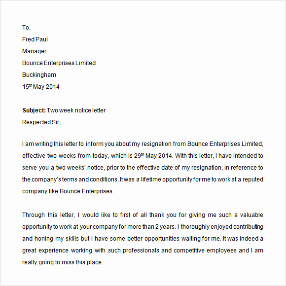 Two Weeks Notice Email Template New Sample 2 Weeks Notice Template 6 Free Documents