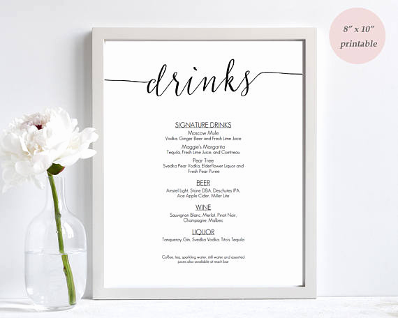 Wedding Drink Menu Template Beautiful Drinks Menu Template Printable Wedding Bar Sign Editable