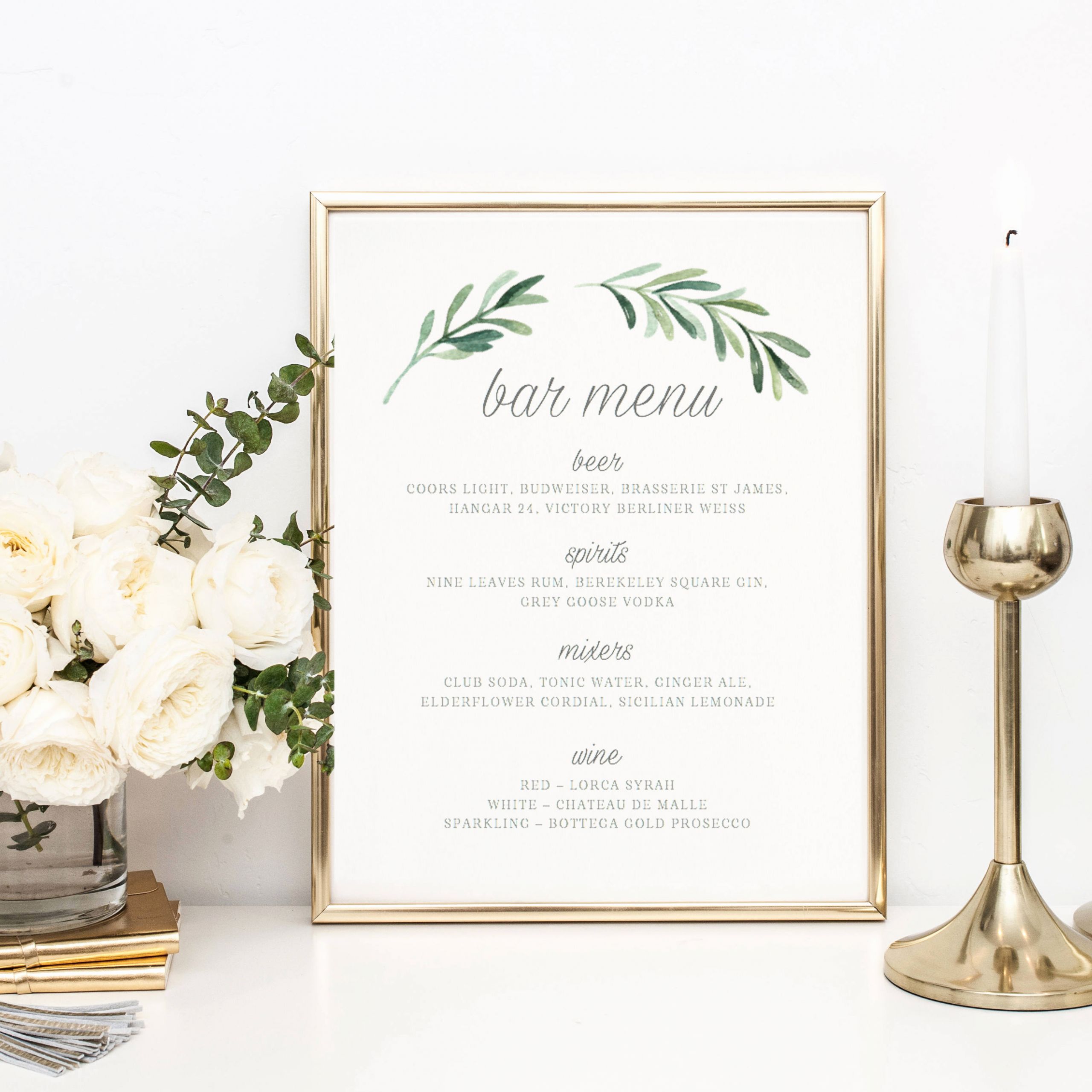 wedding bar menu template drink sign