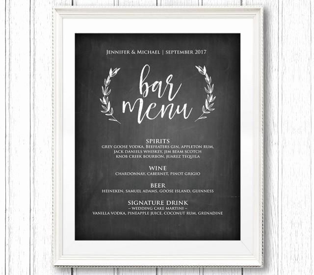 Wedding Drink Menu Template Elegant Bar Menu Sign Printable Wedding Sign Rustic Chalkboard