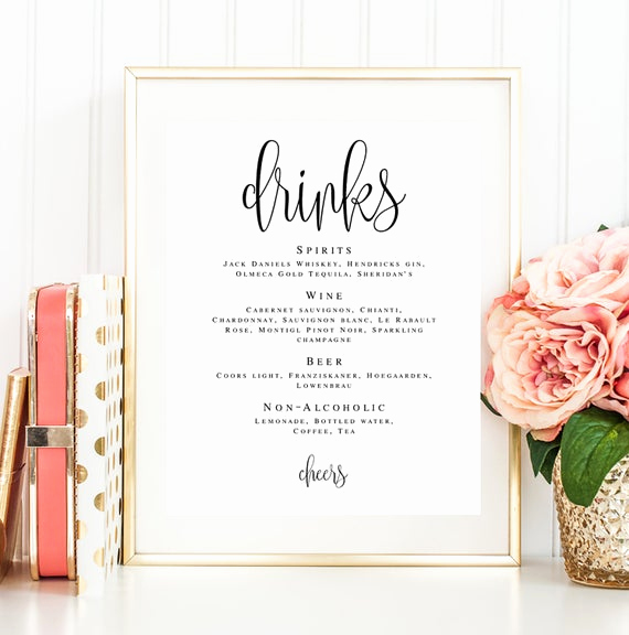 Wedding Drink Menu Template Elegant Wedding Drink Menu Template Bar Signs for Wedding Editable