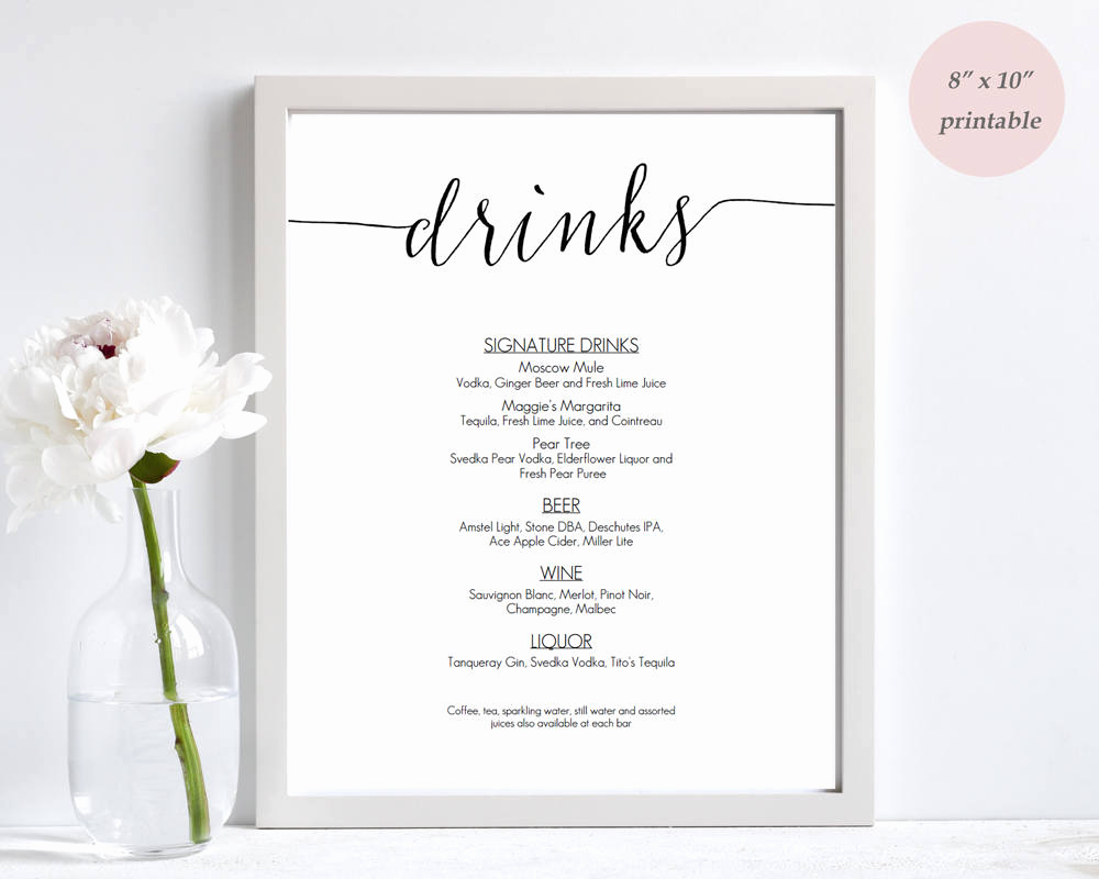 Wedding Drink Menu Template Luxury Drinks Menu Template Printable Wedding Bar Sign Editable